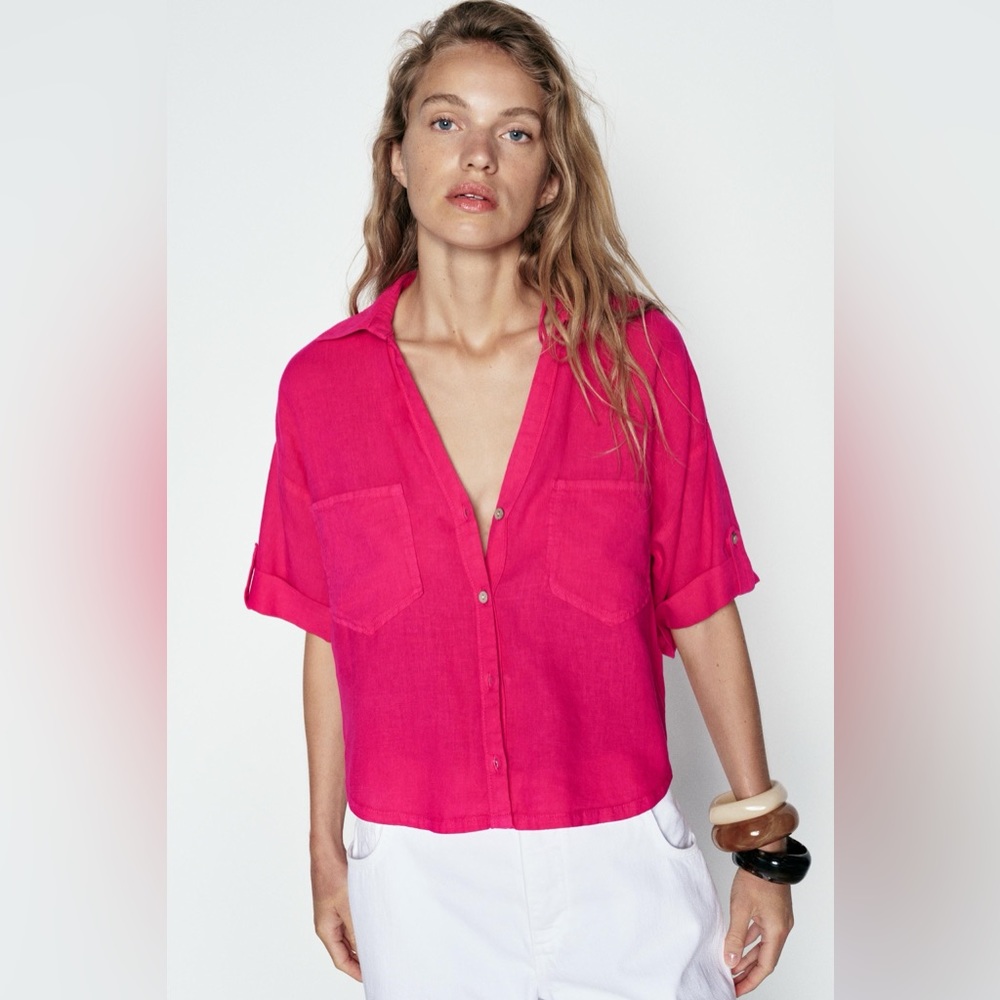 ◾️Zara Linen Blend Short Sleeve Button Up Shirt Magenta